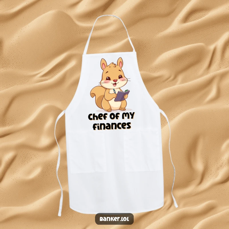 Funny apron with a cheerful squirrel diligently recording figures in a small ledger, perfect for kitchen duties with a humorous twist.