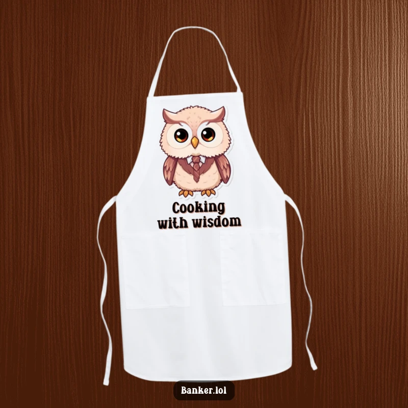 Funny formal owl apron featuring a fluffy owl with large simple eyes, wearing a tiny vest and tie, perfect for the kitchen.