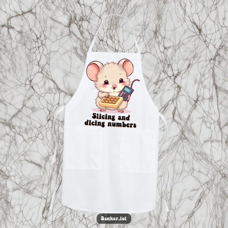 Funny apron showcasing a cute, fluffy mouse intently tapping on a tiny calculator, ready for kitchen duties with a humorous flair.