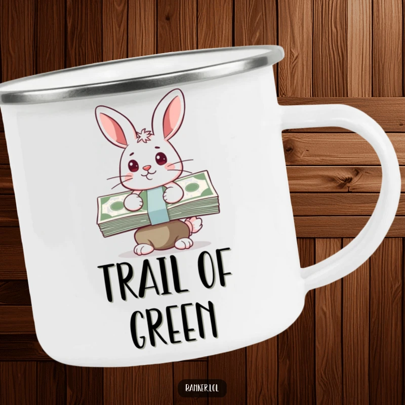 Funny camping mug with a happy bunny balancing a stack of cash, ready for outdoor planning and sips of success.