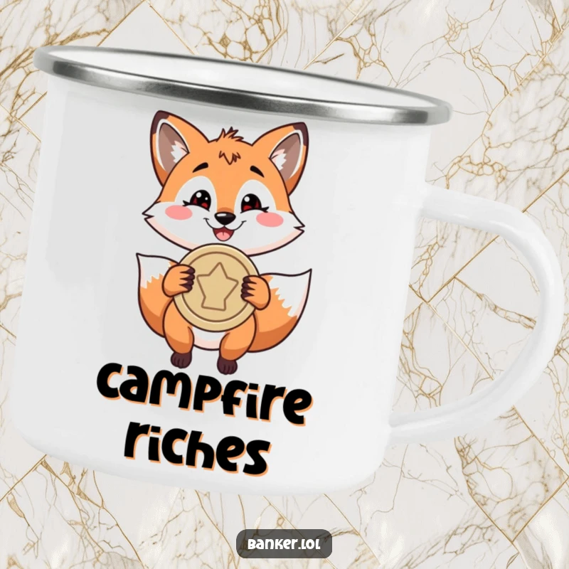 Funny camping mug with a playful fox holding a large coin, ready for outdoor planning and sips of adventure.