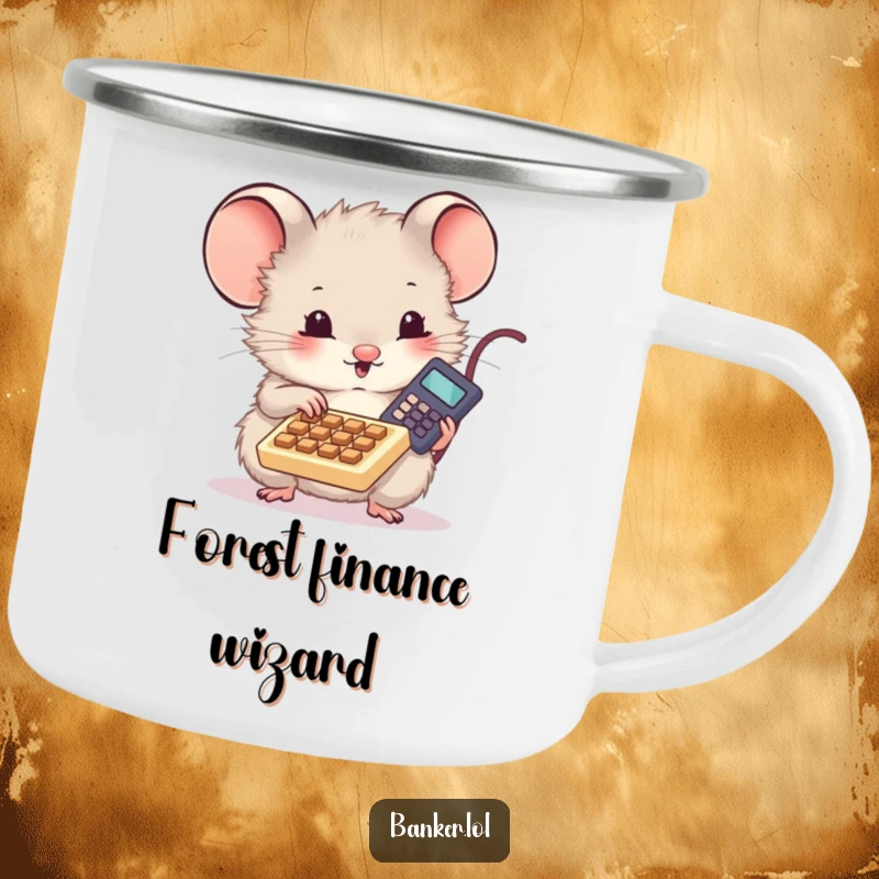 Funny camping mug with a cute, fluffy mouse tapping on a tiny calculator, ready for any outdoor calculation or sip.