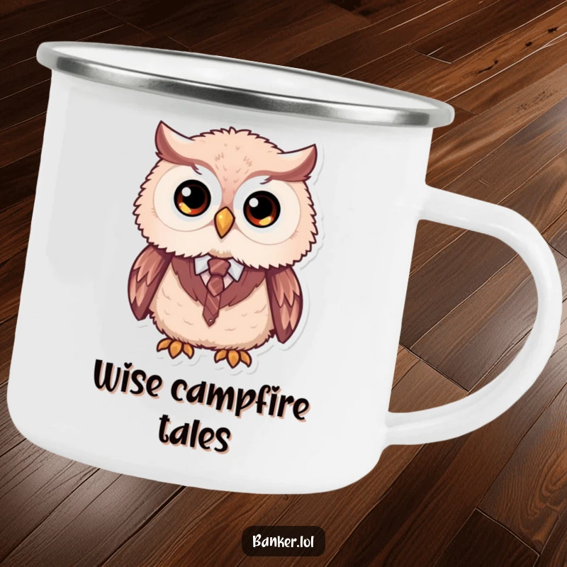 Funny formal owl camping mug featuring a fluffy owl with large simple eyes, wearing a tiny vest and tie, ready for the outdoors.