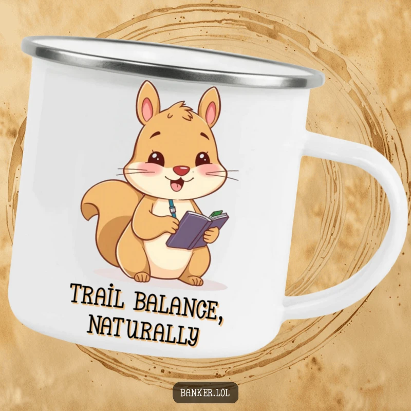 Funny camping mug with a cheerful squirrel diligently recording figures in a small ledger, ready for outdoor notes and coffee.