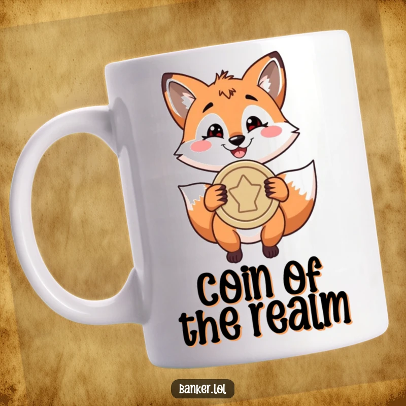 Funny mug featuring a playful fox with a confident grin, holding a large, shiny coin, embodying cleverness and wealth.