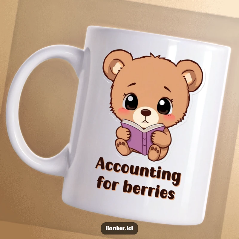 Funny bear cub mug with wide, simple eyes, curiously examining a small, open ledger book.