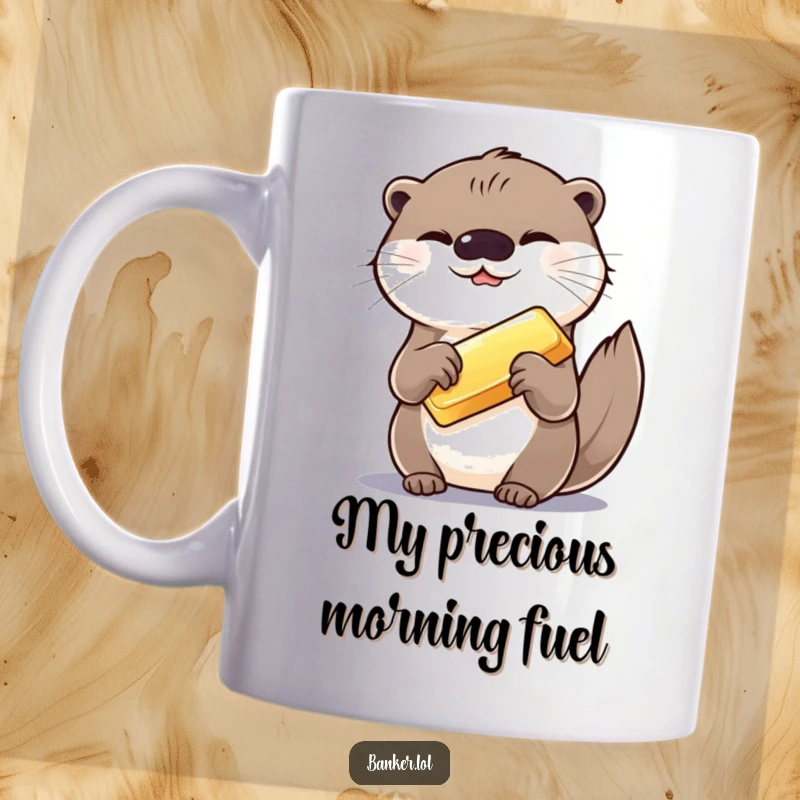 Funny mug with a giggling otter holding a gold bar, celebrating wealth and silliness with a joyful presentation.