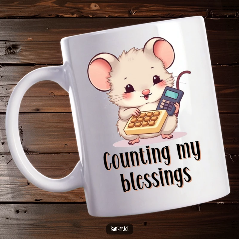 Funny mug showcasing a cute, fluffy mouse enthusiastically tapping keys on a tiny calculator, embodying a joyful approach to calculations.