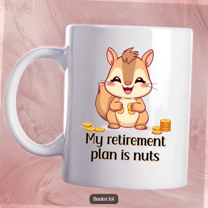 Funny squirrel mug with a big smile, expertly counting shiny coins with its tiny, nimble paws, exuding pure joy and wealth.