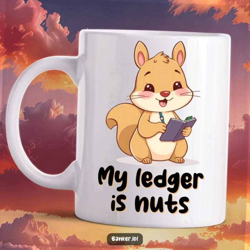 Funny mug featuring a cheerful squirrel diligently recording figures in a small ledger, embodying organized and happy bookkeeping.