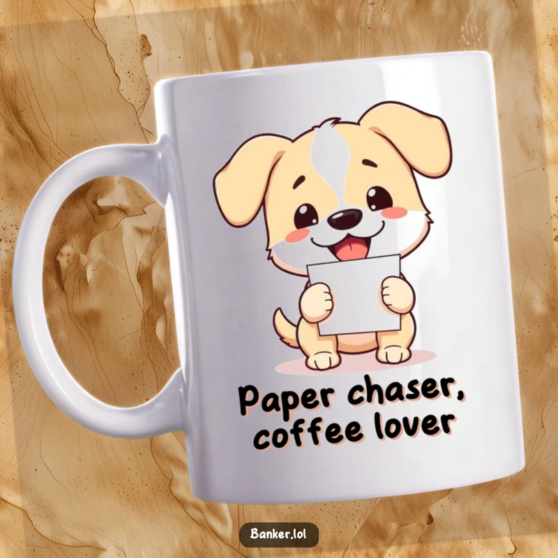 Funny dog mug with floppy ears, joyfully holding a large stack of papers, looking ready to tackle any task.