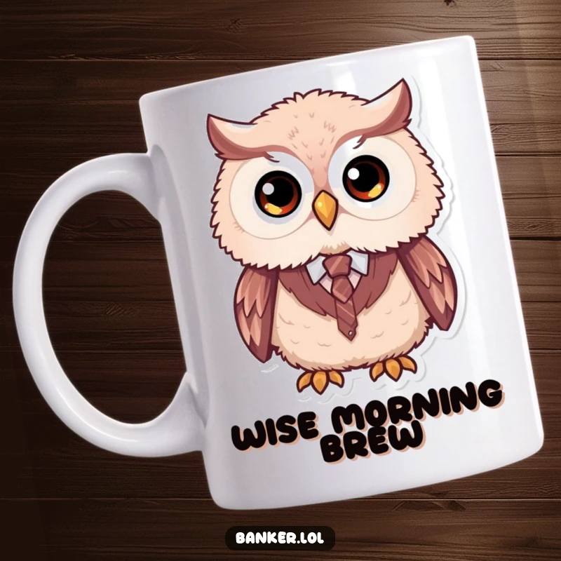 Funny formal owl mug with a fluffy owl, large simple eyes, wearing a tiny vest and tie, exuding distinguished charm.