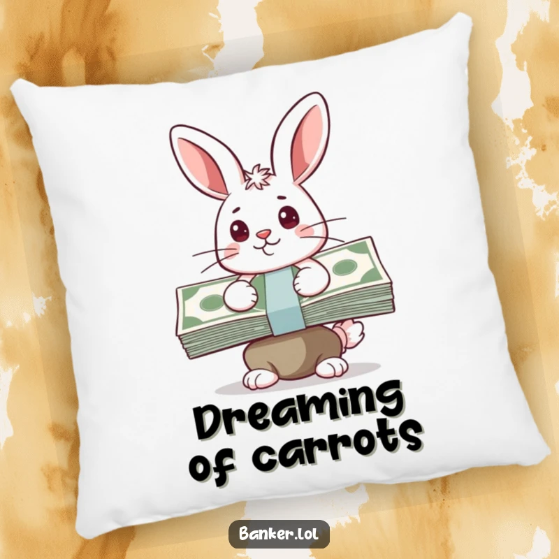 Funny pillow featuring a happy bunny with a determined look, balancing a stack of cash, adding a touch of motivational humor.