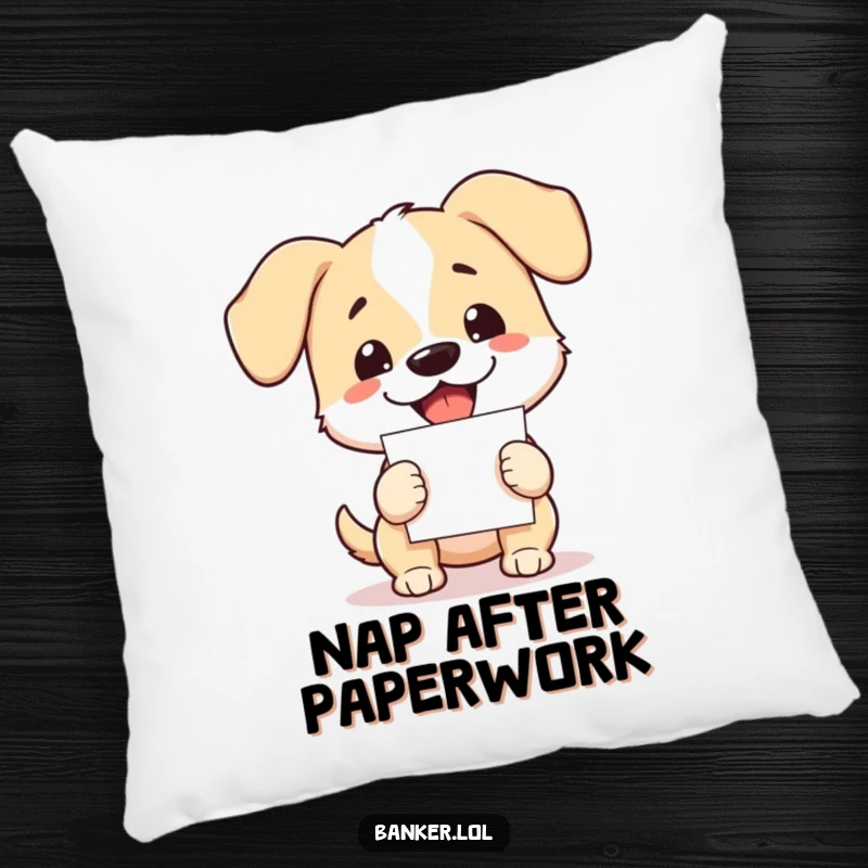 Funny dog pillow with floppy ears, enthusiastically holding a stack of paper, offering comfort and cheer.
