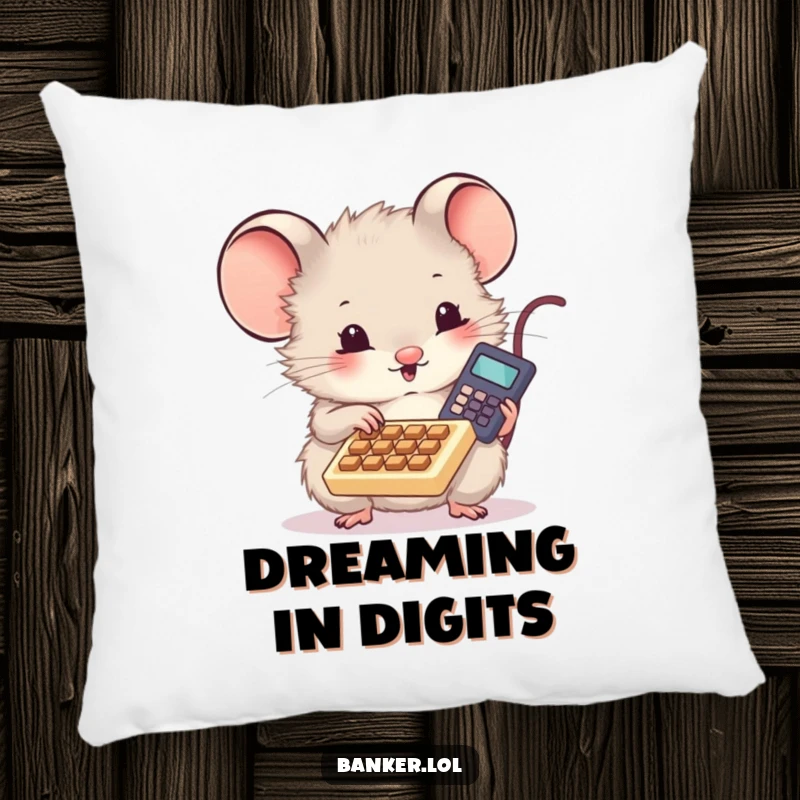 Funny pillow featuring a cute, fluffy mouse with wide eyes, enthusiastically using a small calculator, adding a touch of whimsy.