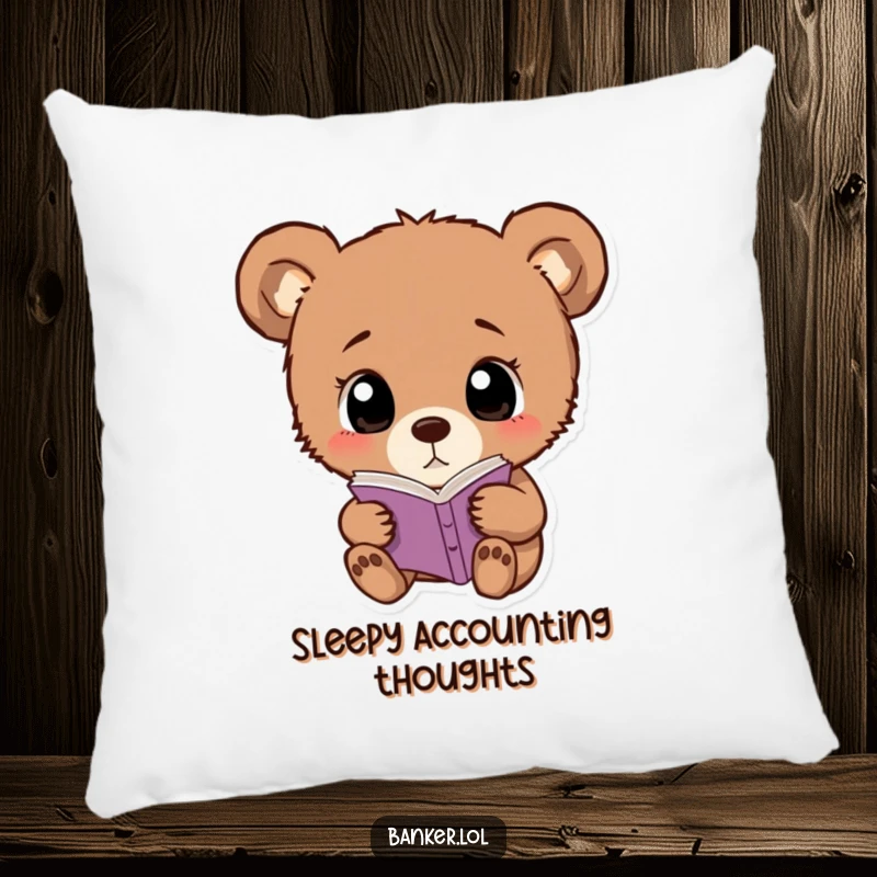 Funny bear cub pillow with wide, simple eyes, examining a ledger, offering comfort and a hint of mystery.