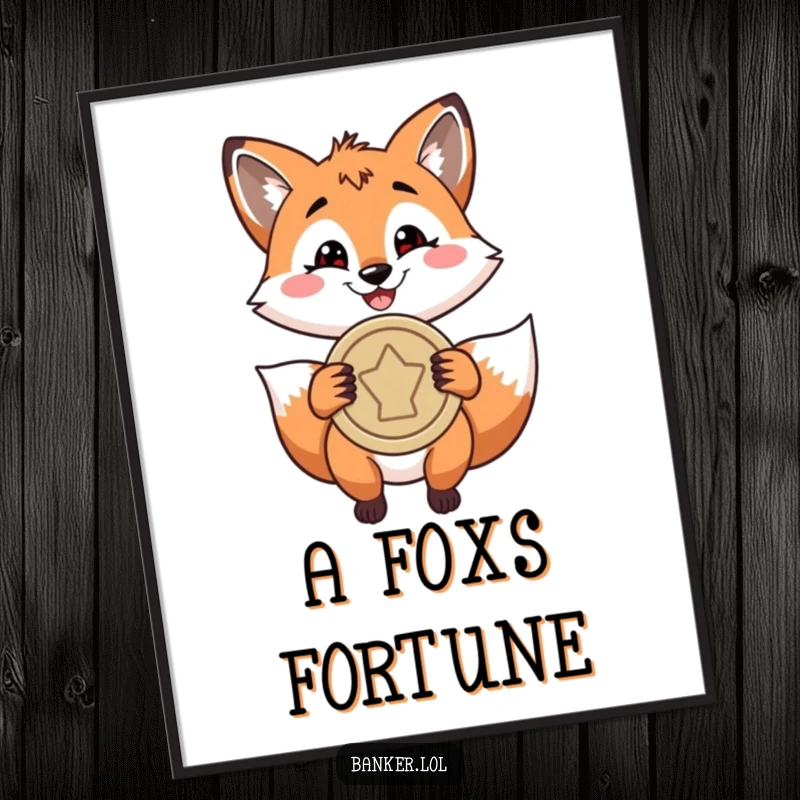 Funny digital art print of a playful fox with a confident grin, holding a large coin, embodying cleverness and financial ambition.