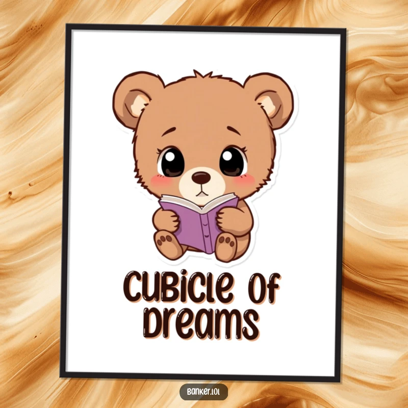 Funny bear cub digital art of a curious cub with wide, simple eyes, examining a small ledger.