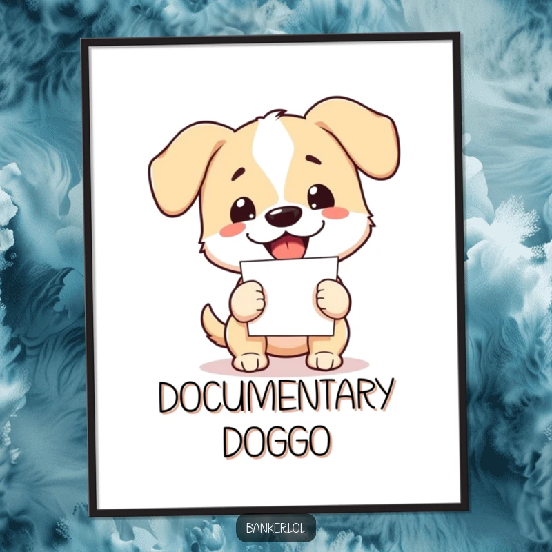 Funny dog digital art of an energetic dog with floppy ears, enthusiastically holding a large stack of papers.