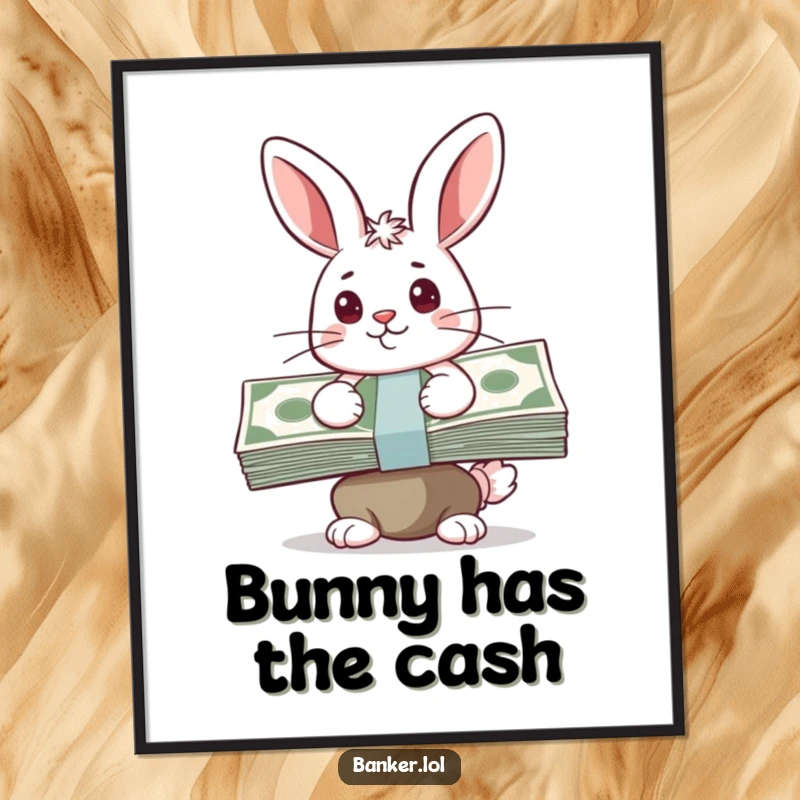 Funny digital art print of a happy bunny with a determined expression, balancing a stack of cash, embodying financial discipline and success.