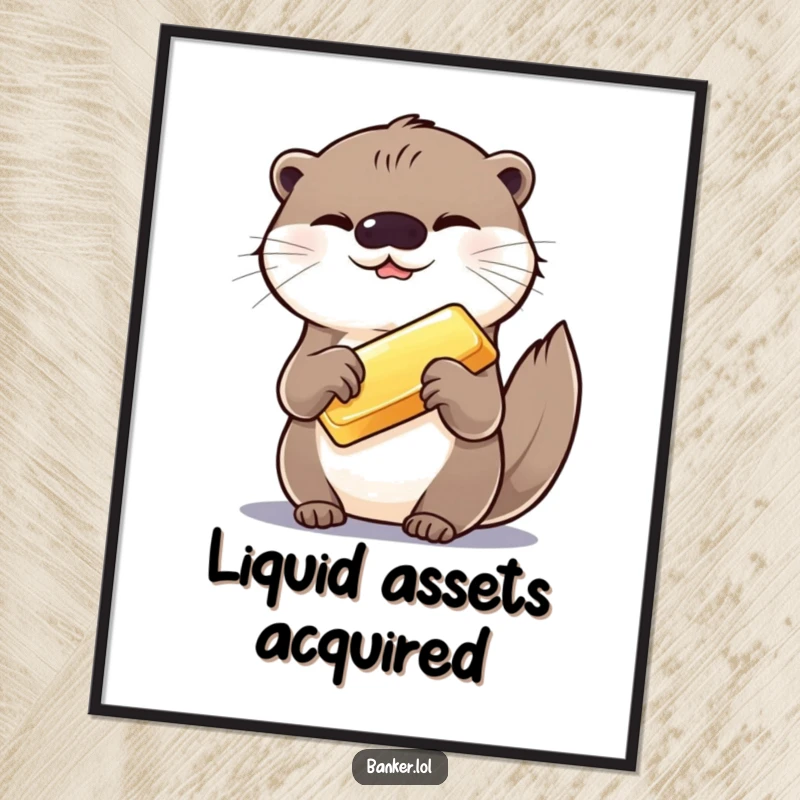 Funny digital art print of a giggling otter presenting a shiny gold bar, perfect for instant download and humorous home decor.