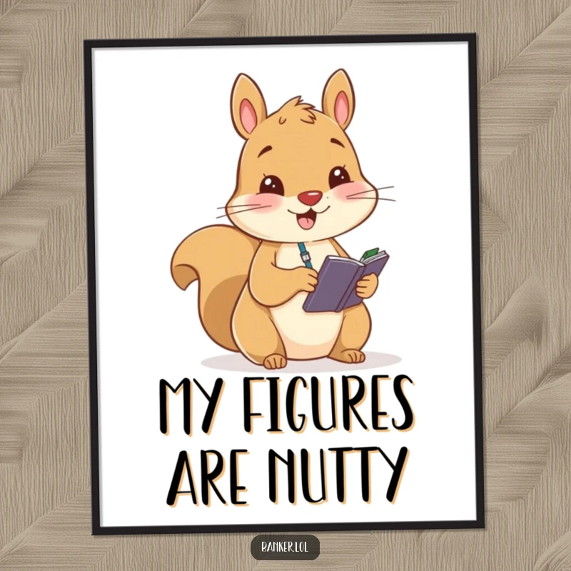 Funny digital art print of a cheerful squirrel diligently recording figures in a small ledger, conveying organized and happy bookkeeping.