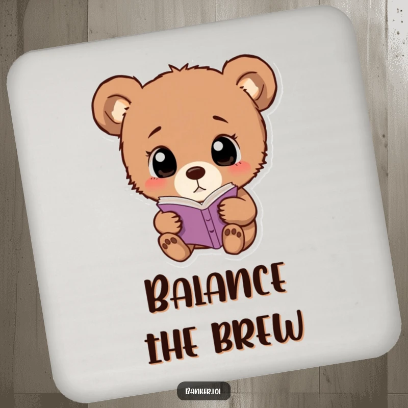 Funny bear cub drink coaster with wide eyes, curiously examining a ledger, protecting your surfaces with a smile.