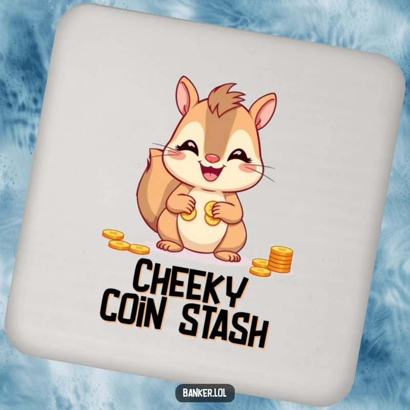Funny squirrel drink coaster showing a cheerful squirrel counting coins, protecting your surfaces with a smile.