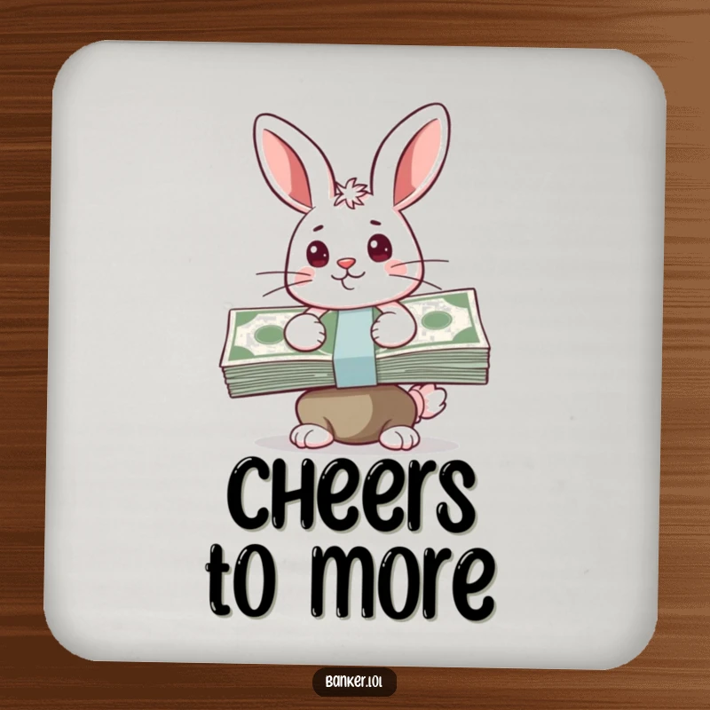 Funny drink coaster featuring a happy bunny with a determined look, balancing a stack of cash, perfect for adding a touch of motivating humor.