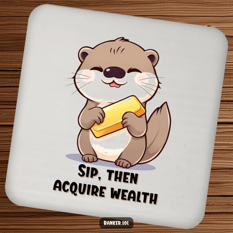 Funny drink coasters featuring a giggling otter presenting a gold bar, adding a humorous and decorative touch to any table.