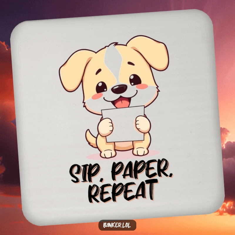 Funny dog drink coaster with floppy ears, enthusiastically holding papers, protecting your surfaces with a smile.