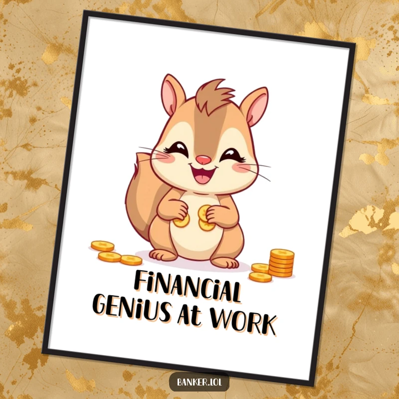 Funny squirrel poster of a cheerful squirrel with a wide smile, expertly counting its coins with nimble paws, radiating joy.