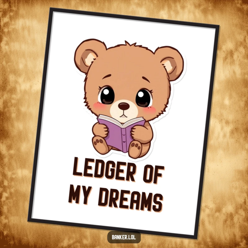 Funny bear cub poster of a curious cub with wide, simple eyes, intently studying a small ledger.
