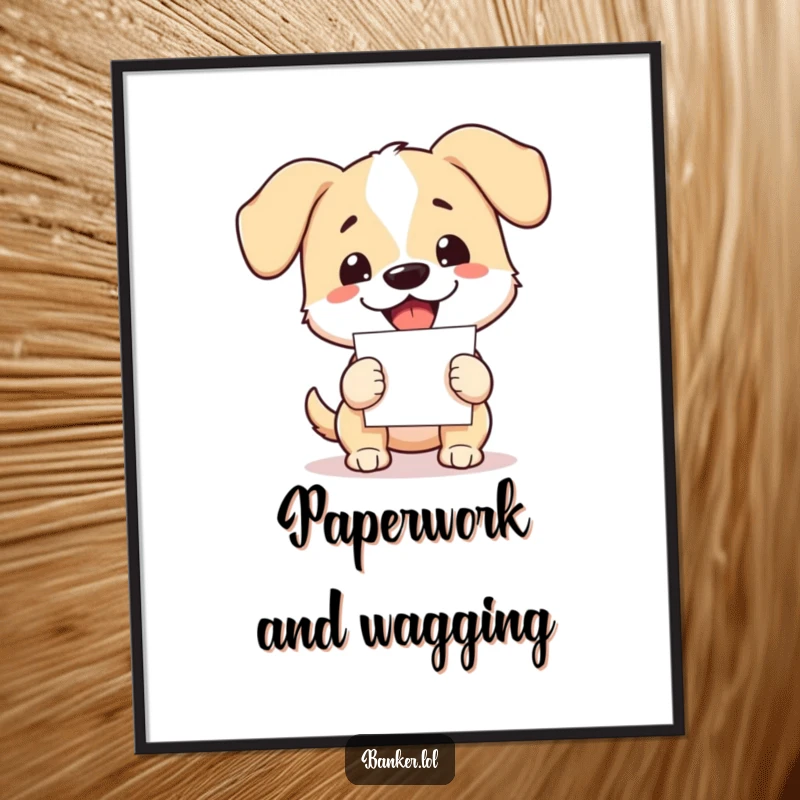 Funny dog poster of an energetic dog with floppy ears, enthusiastically holding a massive stack of paper documents.