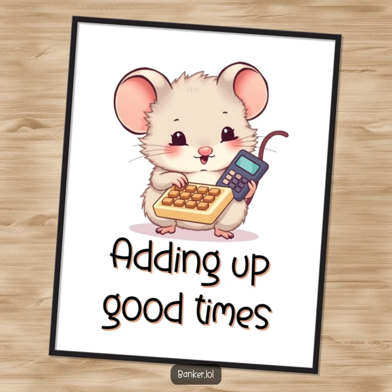 Funny poster of a cute, fluffy mouse with intense focus, tapping energetically on a tiny calculator, suitable for office or study decor.