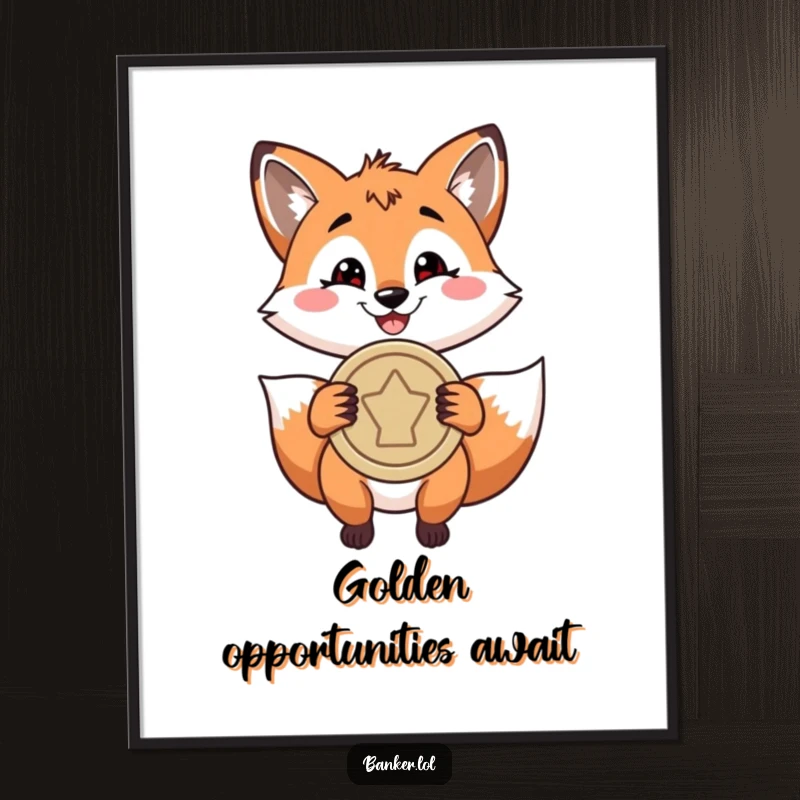 Funny poster featuring a playful fox with a wide, confident grin, holding a large coin, symbolizing smarts and prosperity.