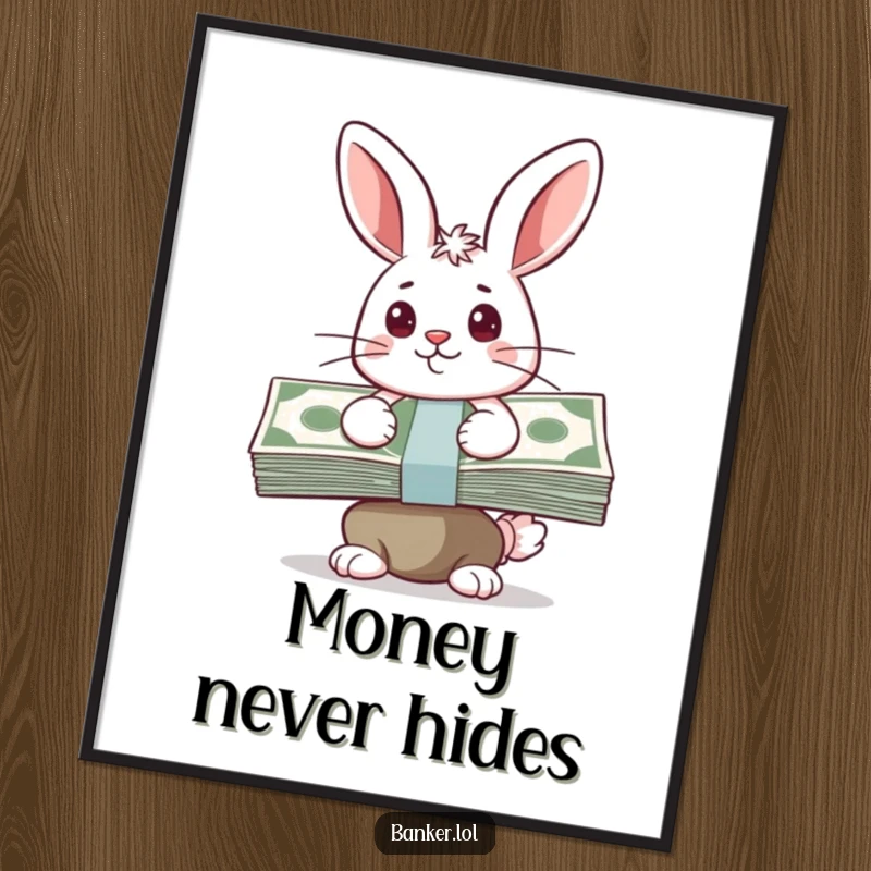 Funny poster featuring a happy bunny with a determined expression, balancing a large stack of cash, symbolizing financial success and discipline.
