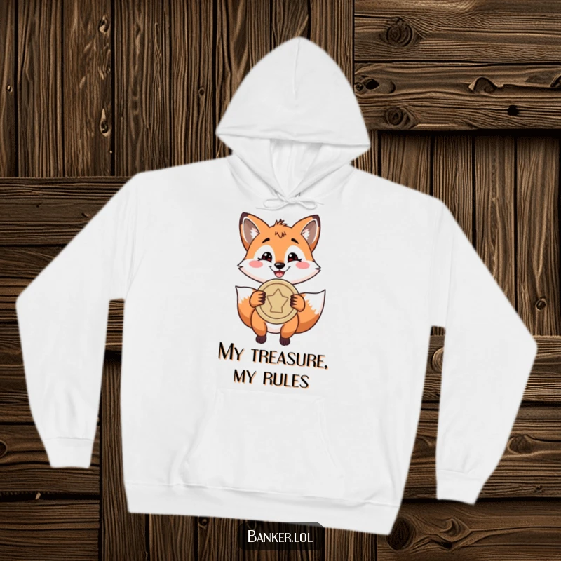 Funny hoodie showcasing a playful fox with a smug grin, clutching a large coin, representing cleverness and financial success.