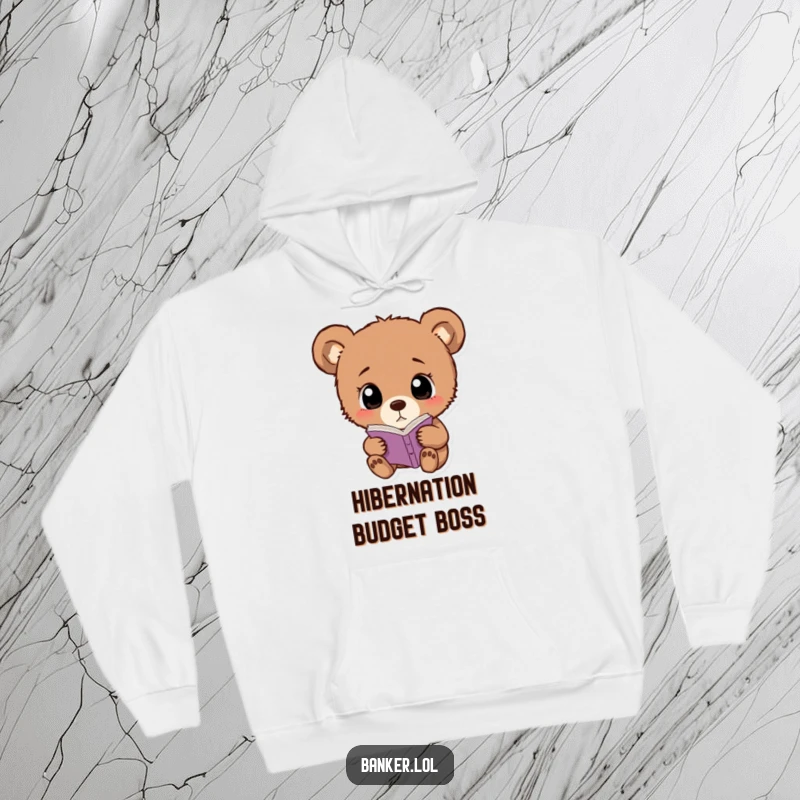 Funny bear cub hoodie with wide, simple eyes, examining a ledger, embodying curiosity and warmth.