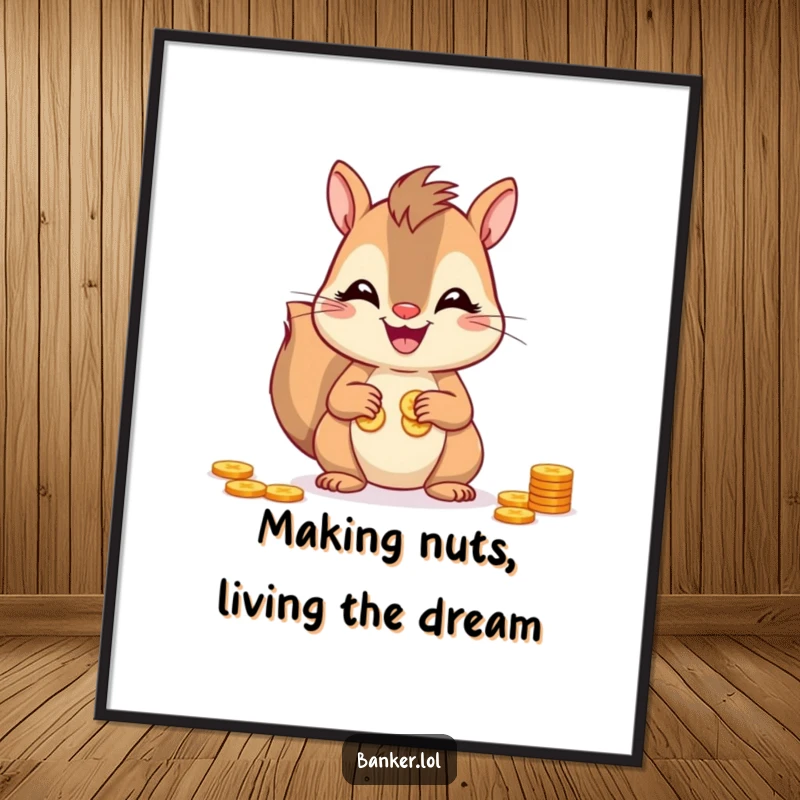 Funny free printable wall art: A cheerful squirrel with a wide smile, skillfully counting coins with its nimble paws.
