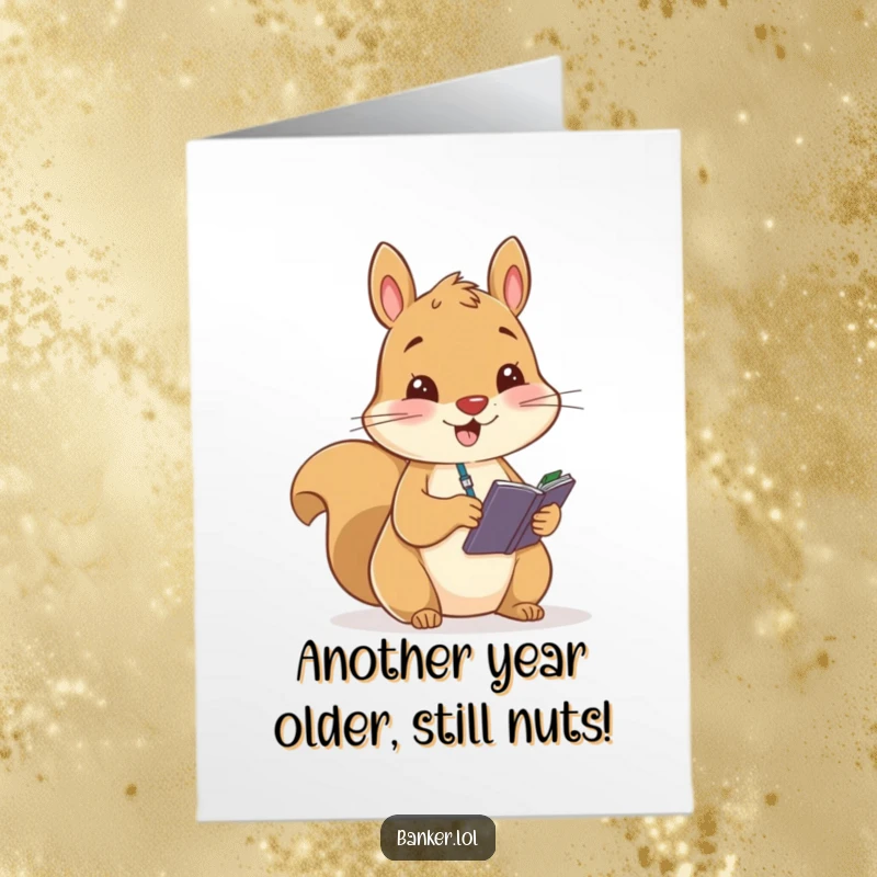 Funny Free Printable Birthday Card: Cheerful squirrel with a small ledger, diligently recording figures with a happy, focused expression.