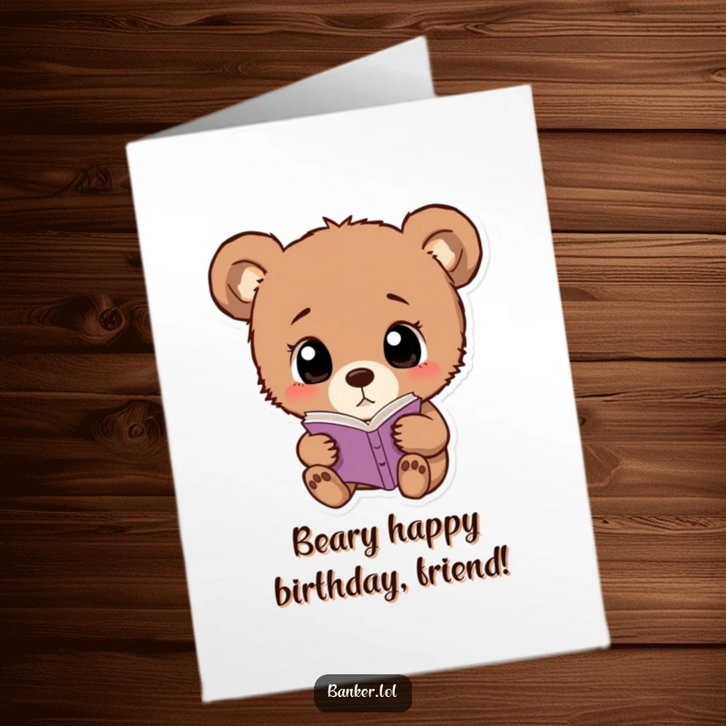 Funny free printable birthday card: A curious bear cub with wide, simple eyes intently examining a small financial ledger.