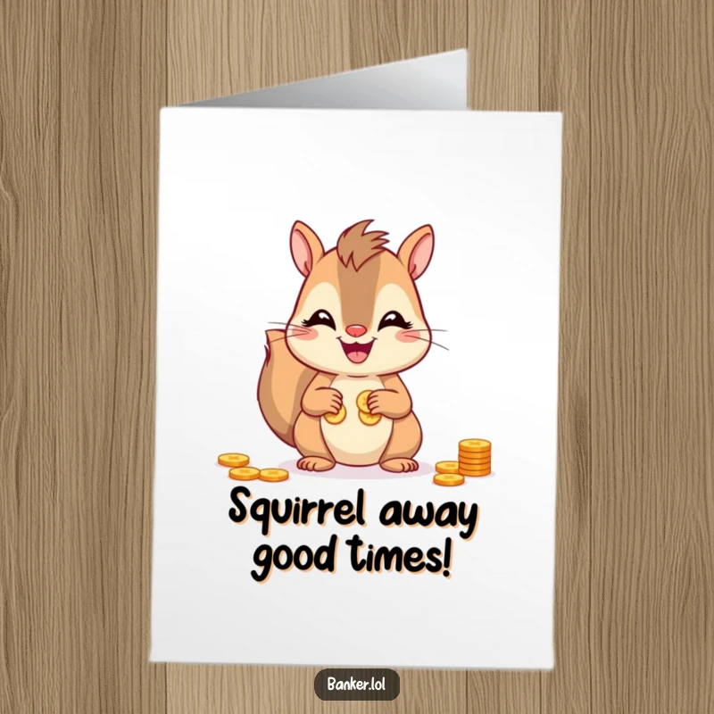 Funny free printable birthday card: Cheerful squirrel counting coins with a big smile, perfect for a laughter-filled occasion.