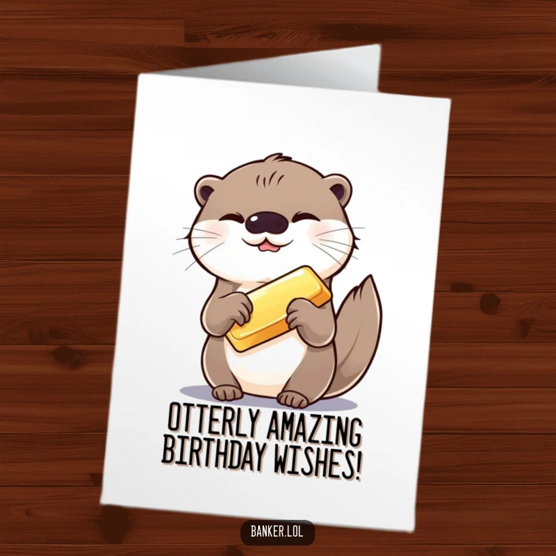 Funny Free Printable Birthday Card: Giggling otter holding shiny gold bar with a flourish, celebrating a birthday with humor.