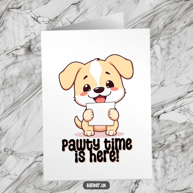 Funny free printable birthday card: A bouncy dog with floppy ears, enthusiastically holding a big stack of papers.