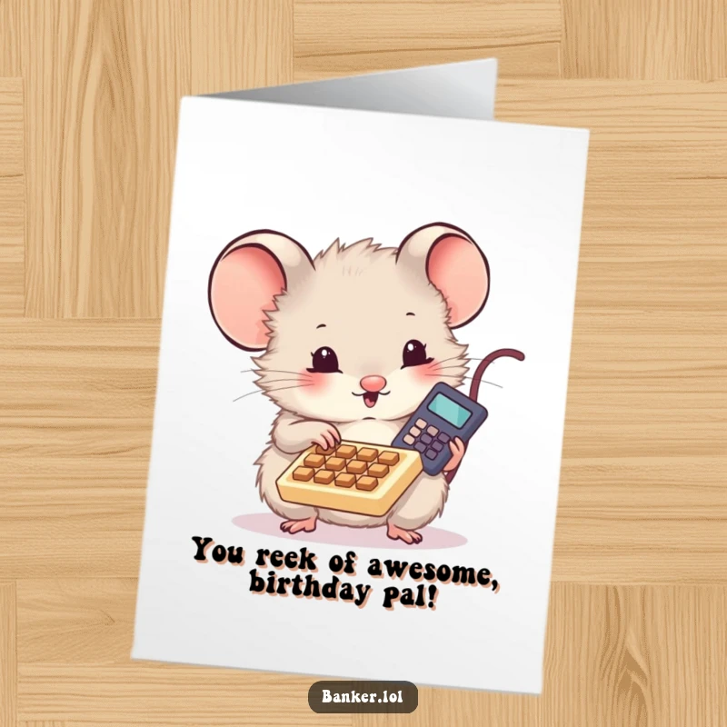 Funny Free Printable Birthday Card: Cute fluffy mouse with a tiny calculator, excitedly tapping keys, radiating birthday joy.