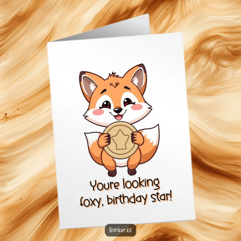 Funny Free Printable Birthday Card: Playful fox with a confident grin, holding up a large, shiny coin, radiating good fortune.
