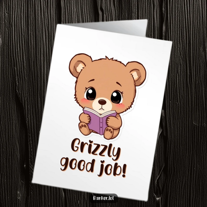Funny free printable congratulations card: A curious bear cub with simple eyes meticulously checking a small ledger.