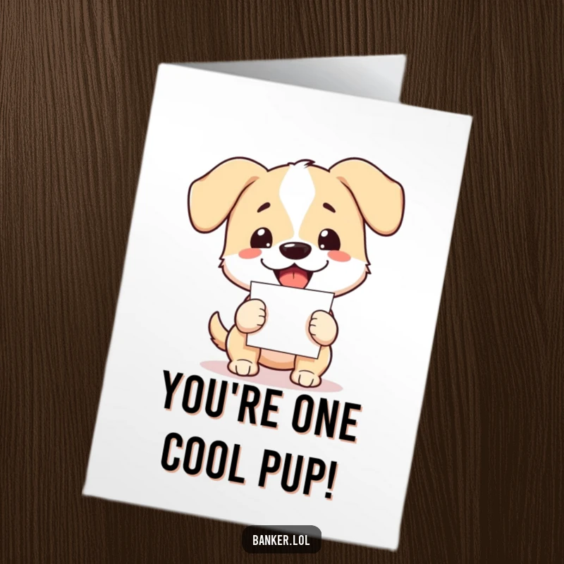 Funny free printable congratulations card: An excited, bouncy dog with floppy ears joyfully holding many papers.