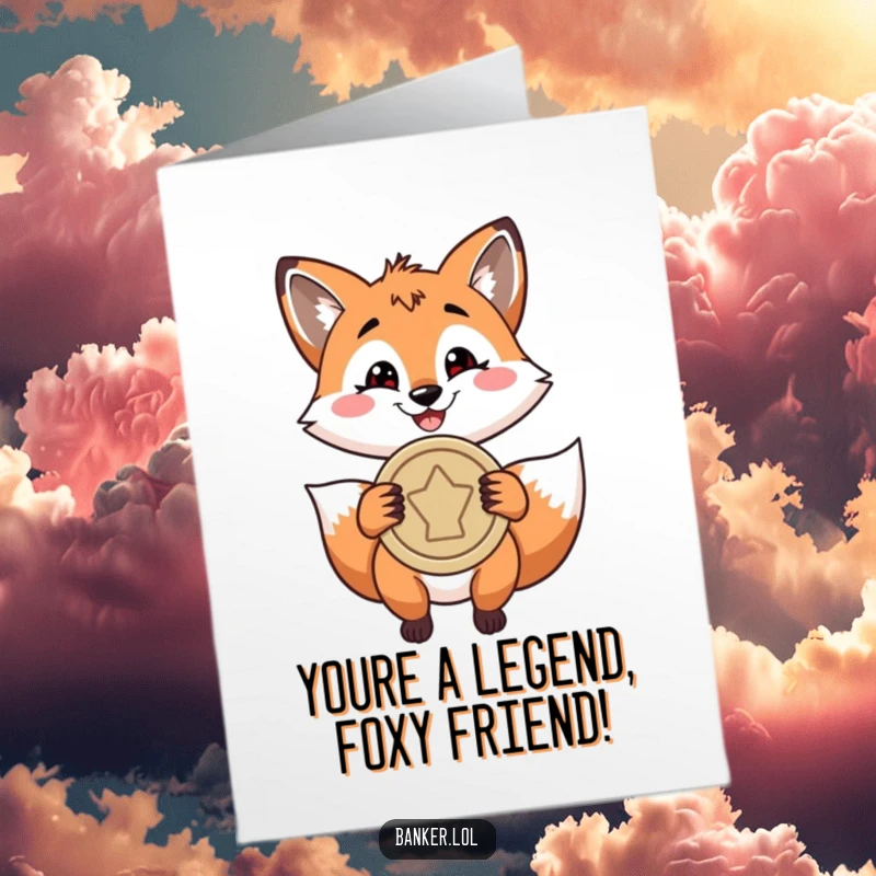 Funny Free Printable Congratulations Card: Playful fox with a confident grin, holding a large coin, symbolizing newfound wealth and success.